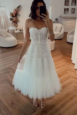 VINTAGE WHITE STRAPLESS SHORT SUMMER TULLE WEDDING DRESS     fg3669