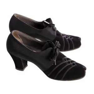 Vintage Womens Shoes Oxfords 1930s Black  Silk/Suede/Peeptoe Sz 7 Orig Box