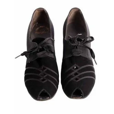 Vintage Womens Shoes Oxfords 1930s Black  Silk/Suede/Peeptoe Sz 7 Orig Box