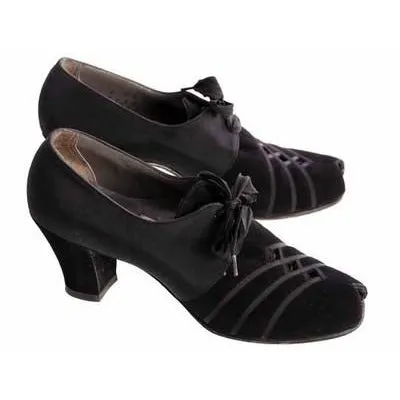 Vintage Womens Shoes Oxfords 1930s Black  Silk/Suede/Peeptoe Sz 7 Orig Box