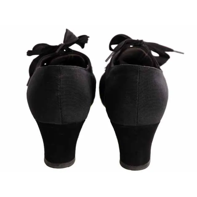 Vintage Womens Shoes Oxfords 1930s Black  Silk/Suede/Peeptoe Sz 7 Orig Box