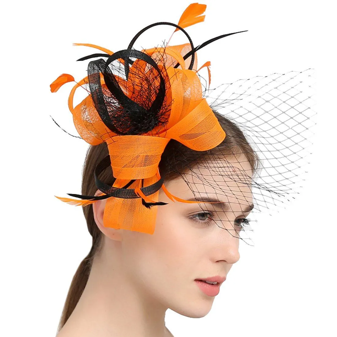 Wedding Bridal Looped Ribbon Net veil Feather Hair Clip Fascinator Kentucky Derby Cocktail Hat