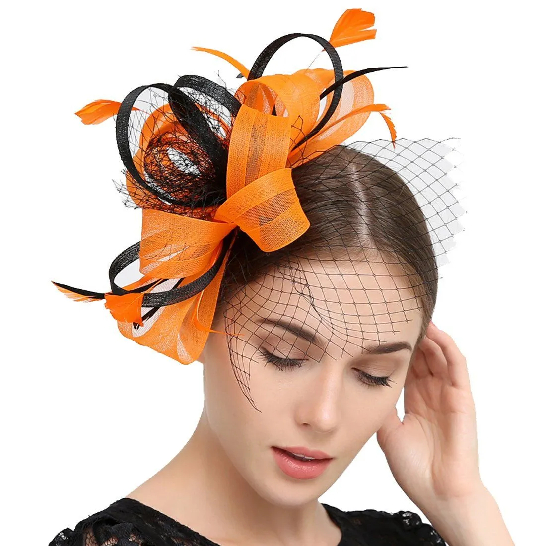 Wedding Bridal Looped Ribbon Net veil Feather Hair Clip Fascinator Kentucky Derby Cocktail Hat