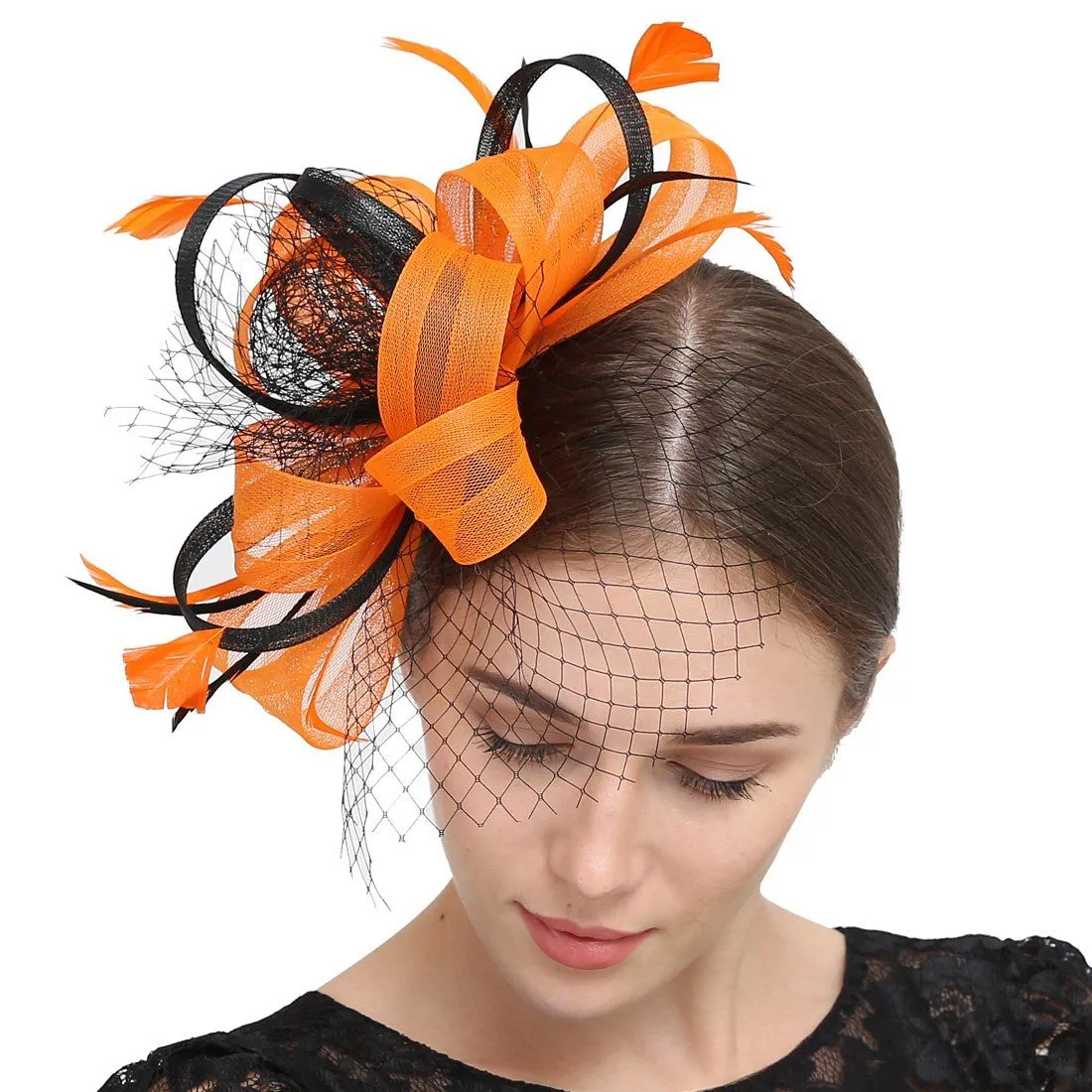 Wedding Bridal Looped Ribbon Net veil Feather Hair Clip Fascinator Kentucky Derby Cocktail Hat
