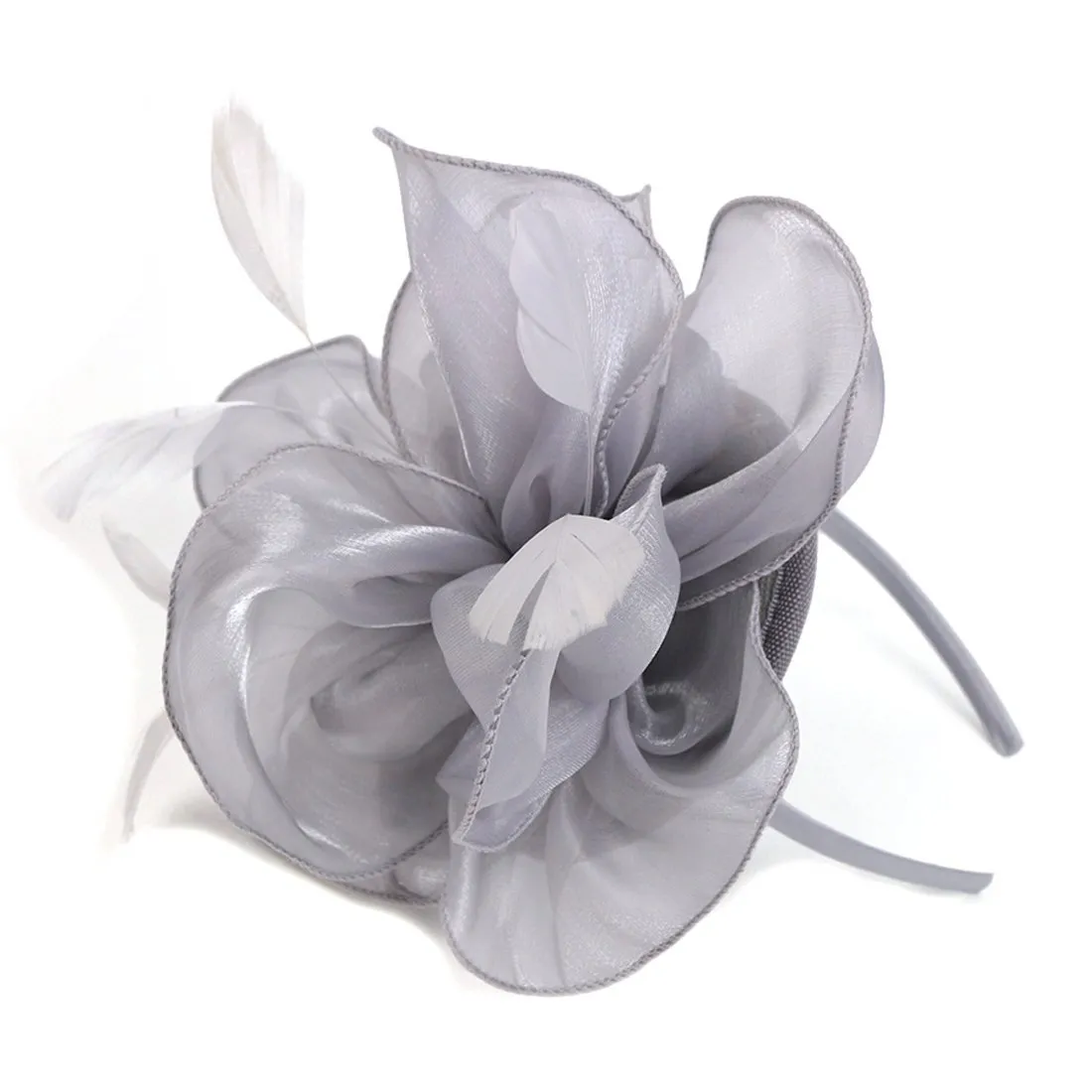 Wedding Silver Fascinator Hat Women Feather Flower Hair Band Church Tea Party Headdress