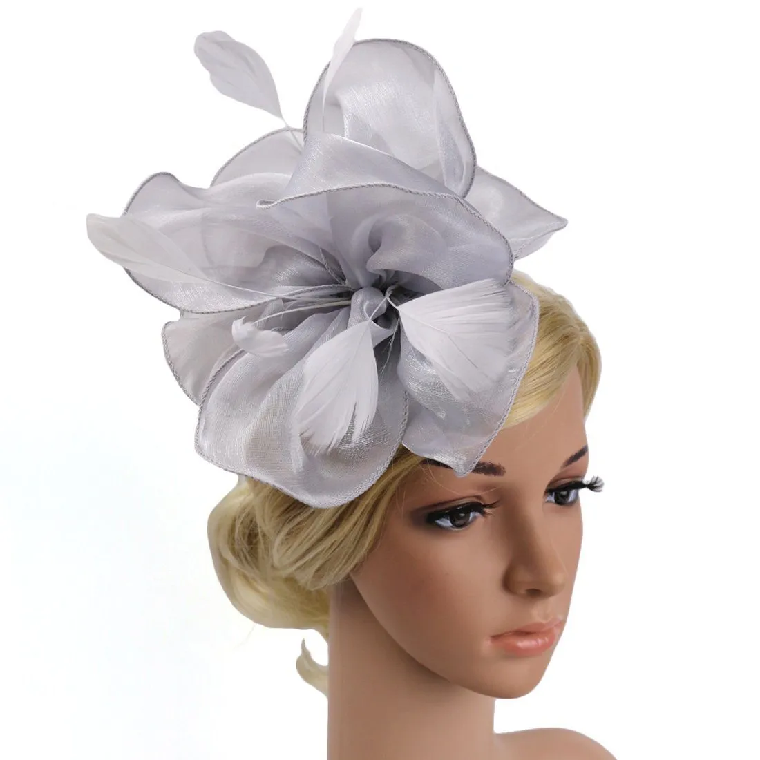 Wedding Silver Fascinator Hat Women Feather Flower Hair Band Church Tea Party Headdress