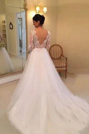 White A-line Long Sleeves Beading Lace Backless Court Train Wedding Dress OK524