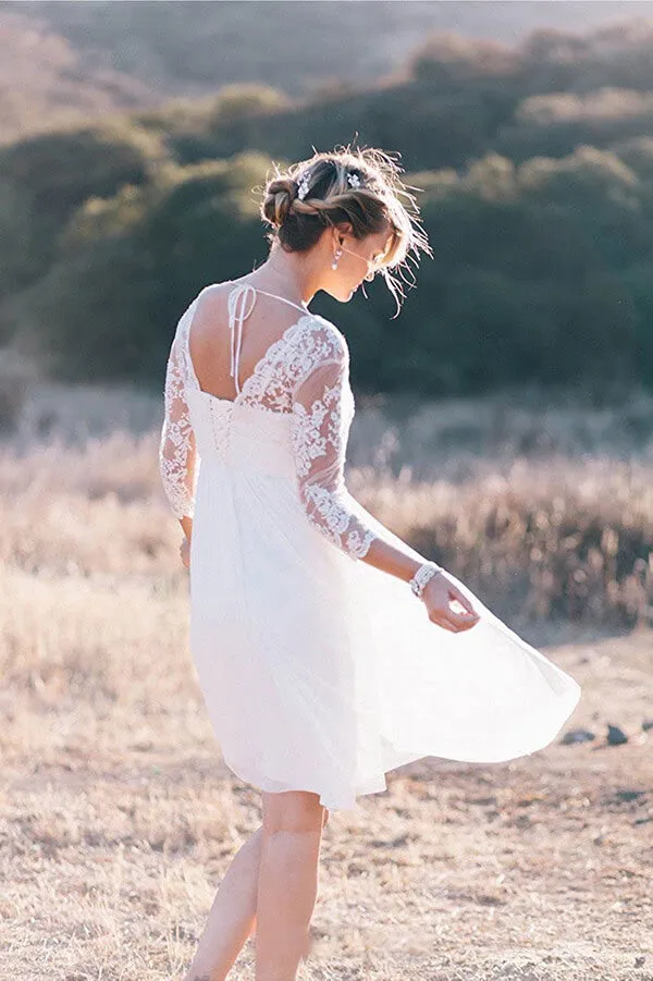 White A Line Vintage Knee Length 3/4 Sleeve Lace Wedding Dresses, MW248