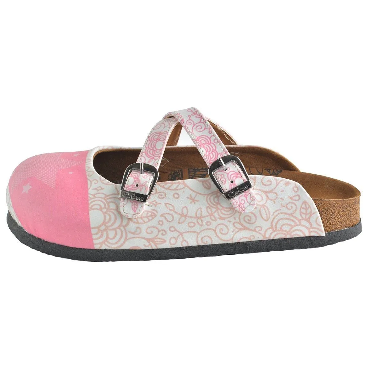 White and Pink Flowers, Pink Stars Patterned Clogs - WCAL154