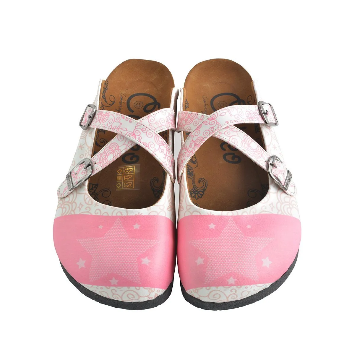 White and Pink Flowers, Pink Stars Patterned Clogs - WCAL154