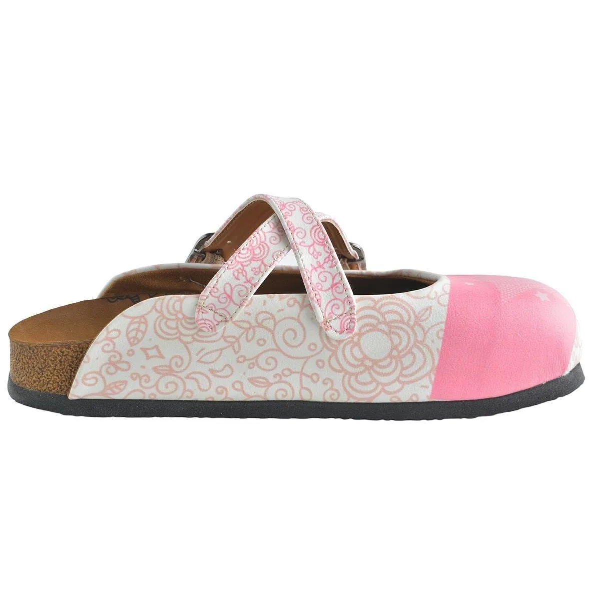 White and Pink Flowers, Pink Stars Patterned Clogs - WCAL154
