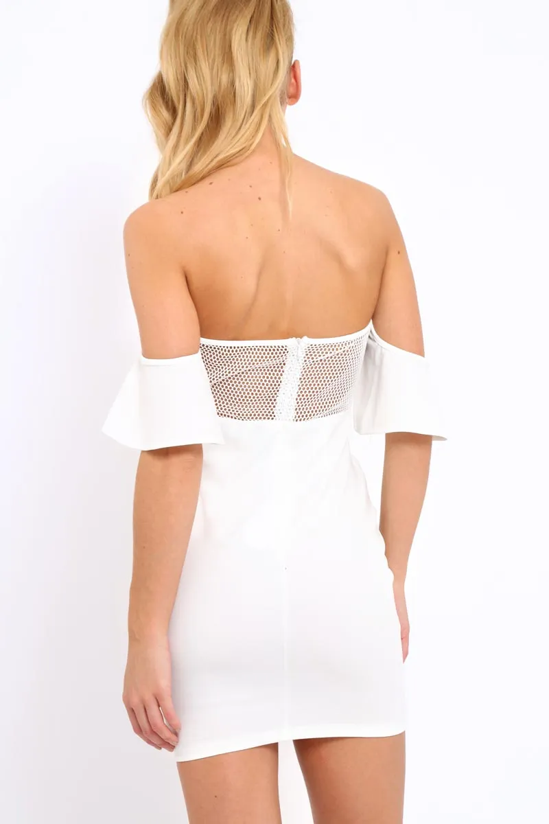 White Bardot Frill Lace up Front Bodycon Dress - Ciceley