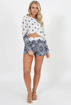 White Crochet Trim Print Two Piece - Lexus