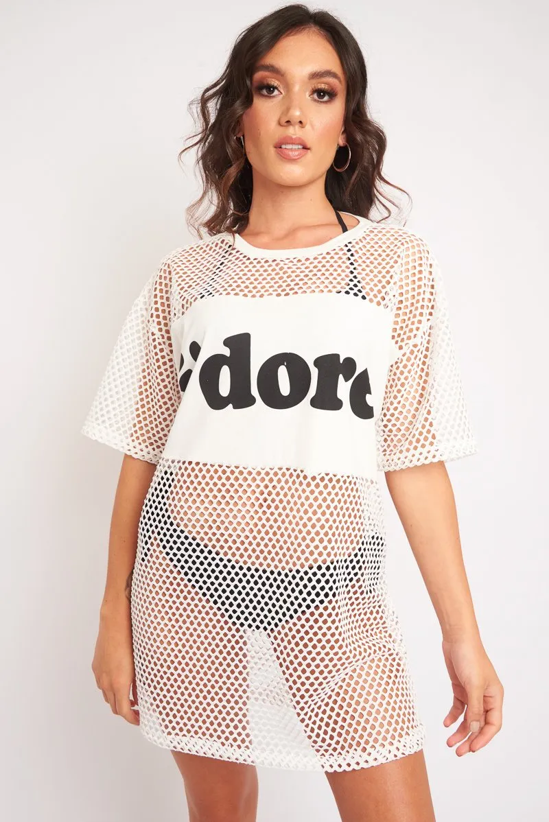 White Fishnet J'dore Slogan T-shirt Dress - Fraida