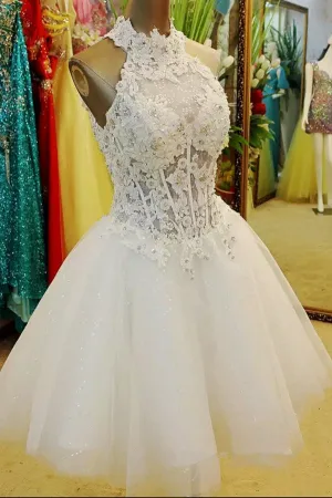 White Halter Short Prom Dress,Sequins Appliques Lace Cheap Homecoming Dress,Party Dress SH141