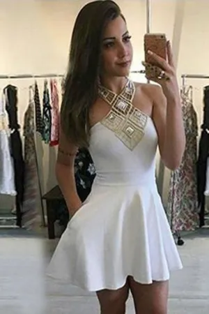 White Halter Strapless Straight Short Prom Dress,Tie Back Cheap Homecoming Dress SH188