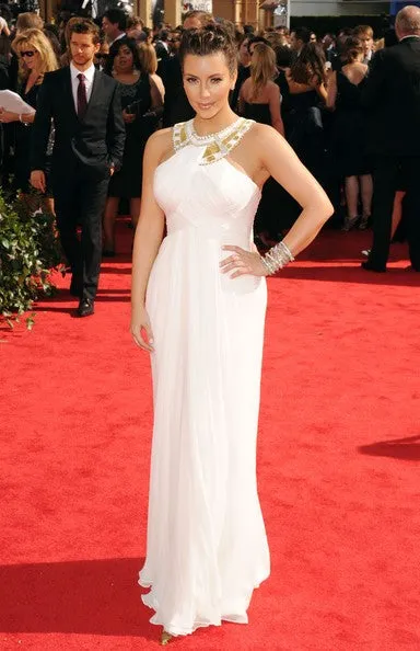 White Kim Kardashian (Kim K) Halter Chiffon Dress Sleeveless Prom Celebrity Red Carpet Dress Emmys