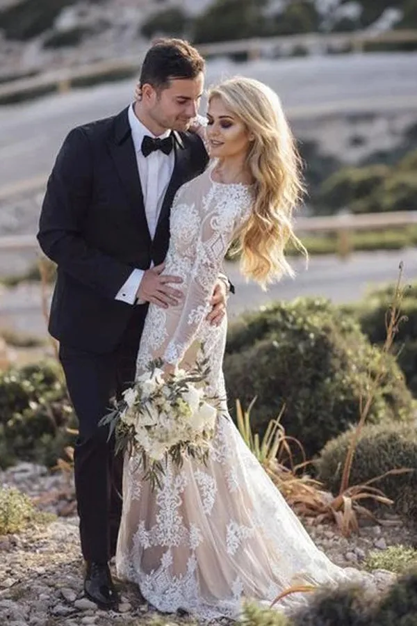 White Lace Appliques Long Sleeve Vintage Mermaid Wedding Dresses | Bridal Dress, SW273