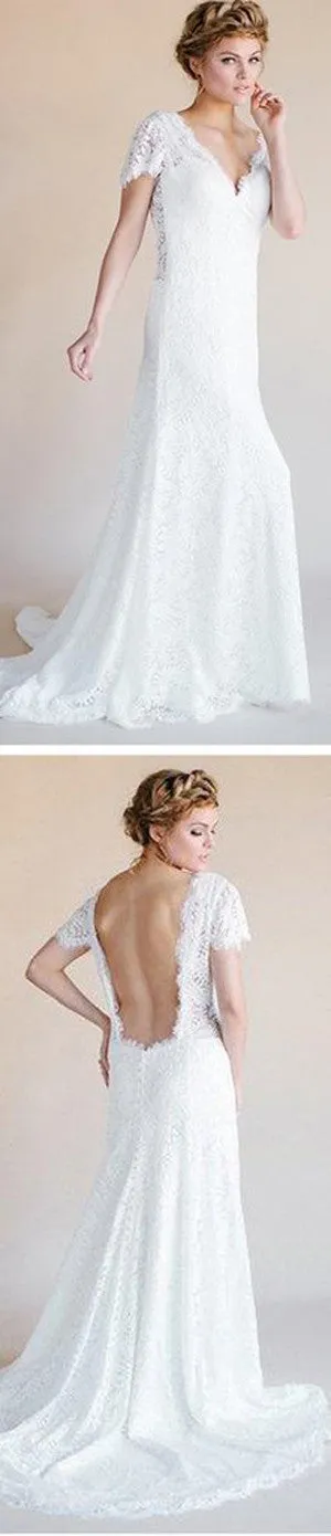 White Lace V-neck Long Sheath Cap Sleeve Sexy Open Back Wedding Party Dresses,SVD548