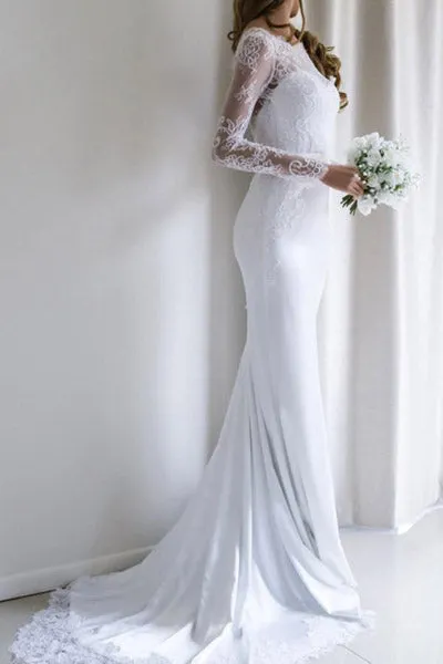 White Mermaid Lace Long Sleeves Wedding Dresses with Sweep Train, SW195