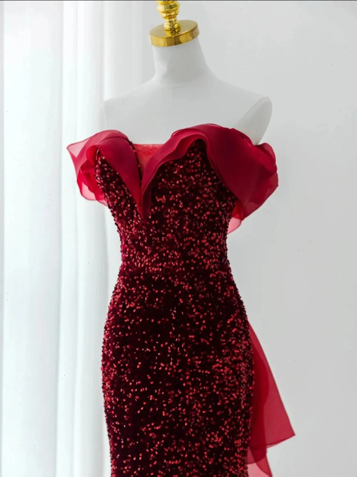 Wine Red Sequins Mermaid Long Party Dress, Off Shoulder Sweetheart Prom Dress