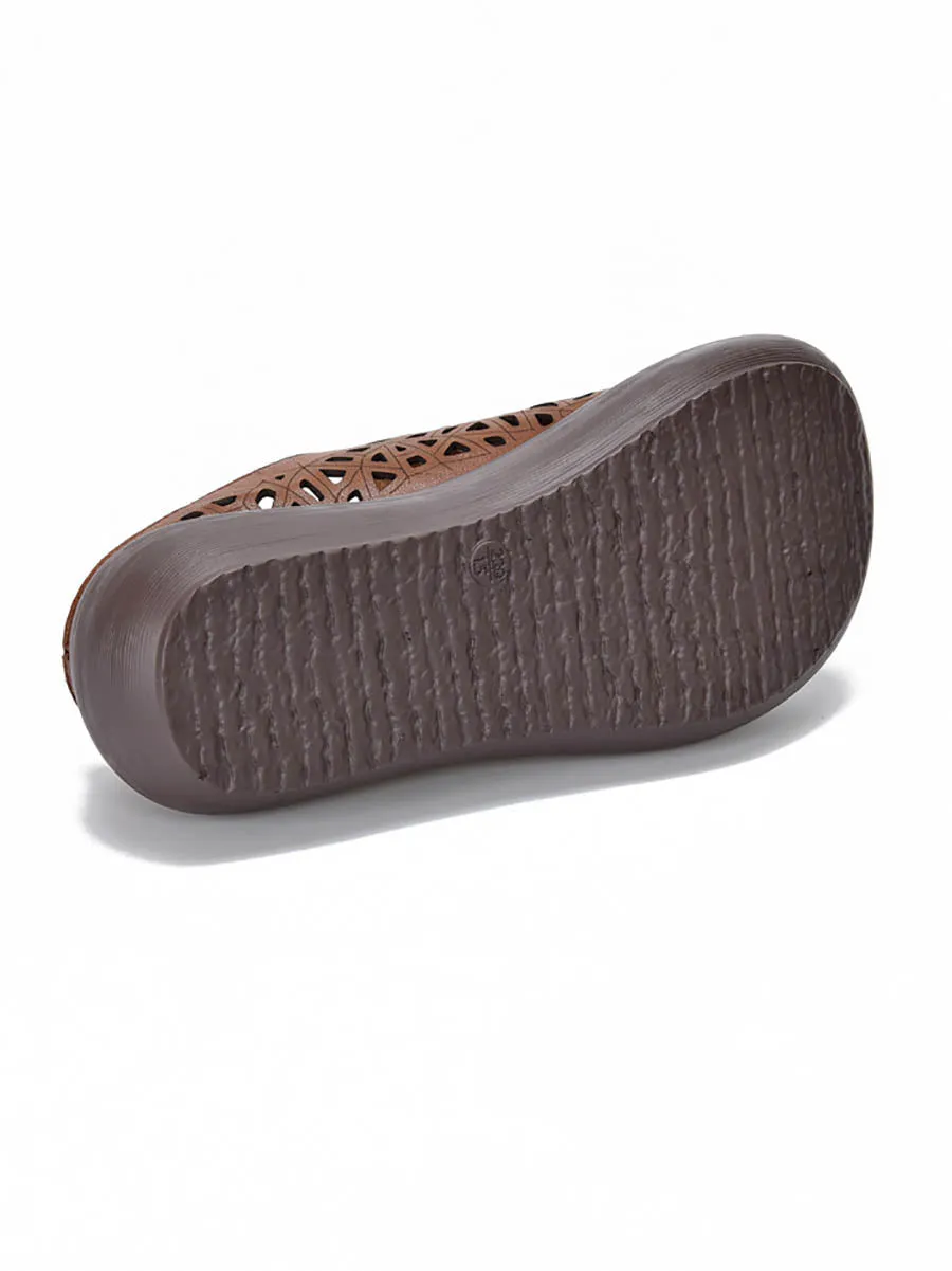 Women Ethnic Flower Leather Hollow Out Platfrom Slippers