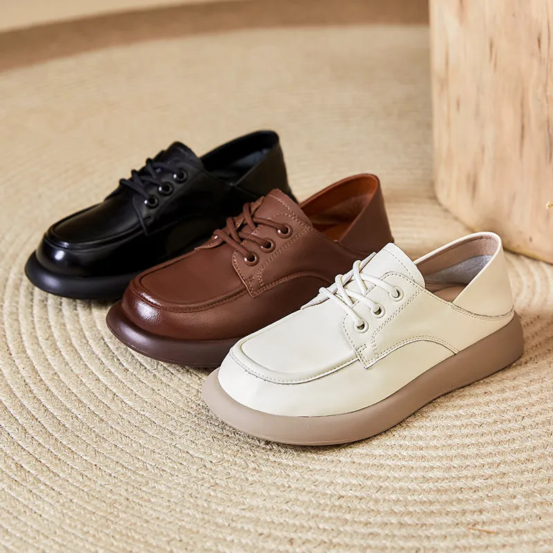 Women Flat Shoes Spring and Autumn Cowhide Lightweight Comfortable Soft Sole Lace-up
