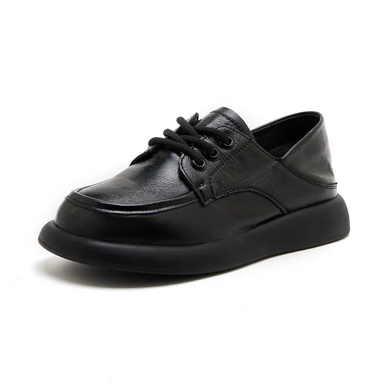 Women Flat Shoes Spring and Autumn Cowhide Lightweight Comfortable Soft Sole Lace-up