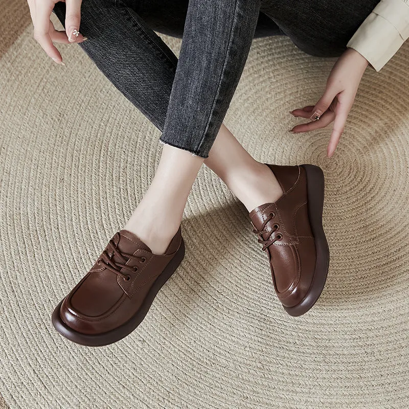 Women Flat Shoes Spring and Autumn Cowhide Lightweight Comfortable Soft Sole Lace-up