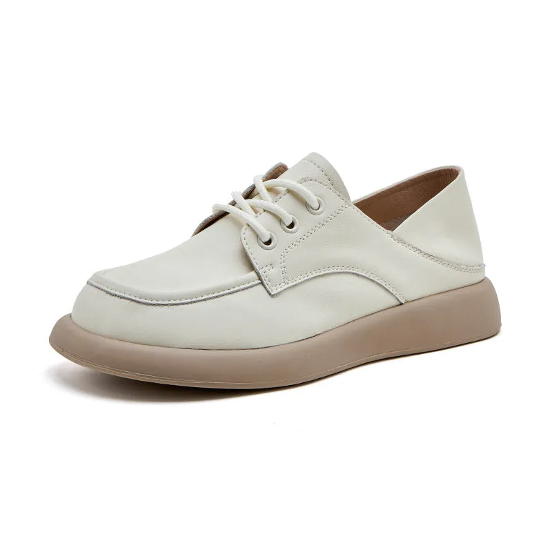 Women Flat Shoes Spring and Autumn Cowhide Lightweight Comfortable Soft Sole Lace-up