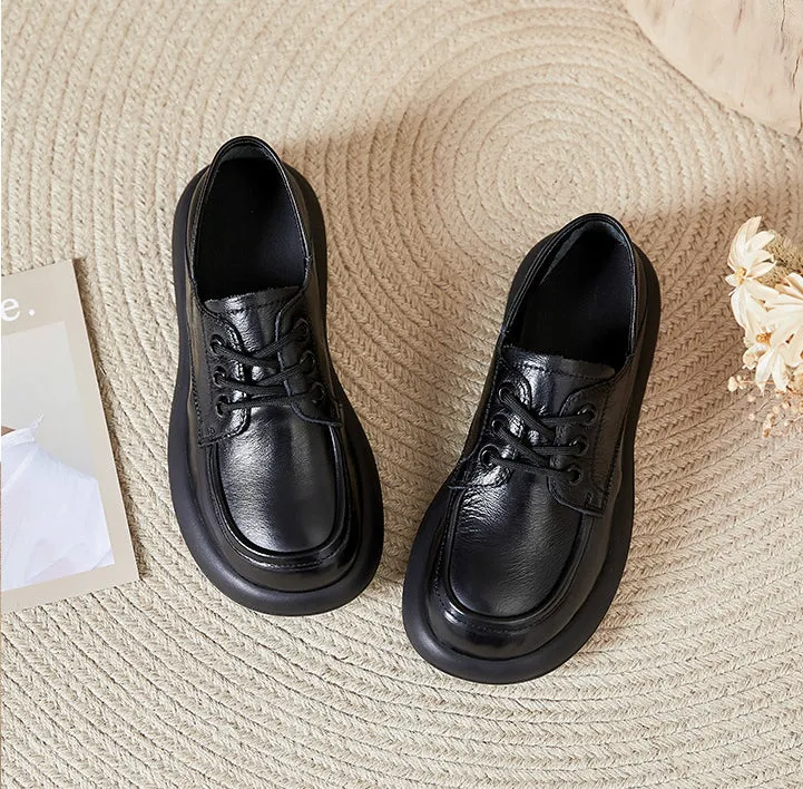 Women Flat Shoes Spring and Autumn Cowhide Lightweight Comfortable Soft Sole Lace-up
