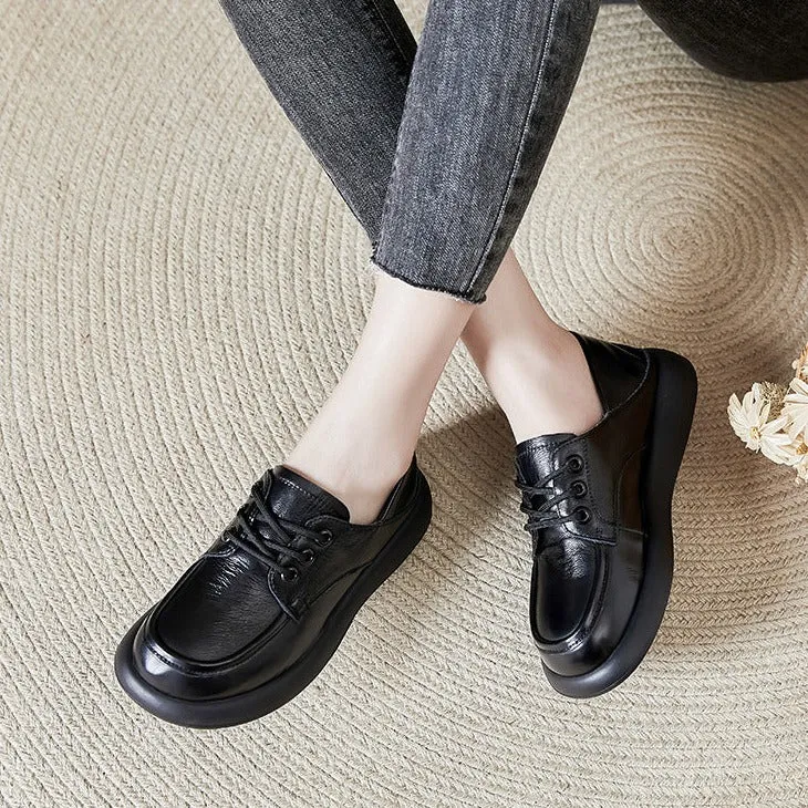 Women Flat Shoes Spring and Autumn Cowhide Lightweight Comfortable Soft Sole Lace-up