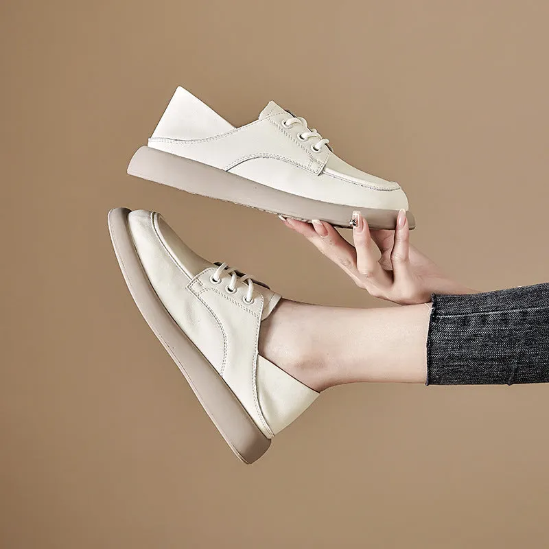 Women Flat Shoes Spring and Autumn Cowhide Lightweight Comfortable Soft Sole Lace-up
