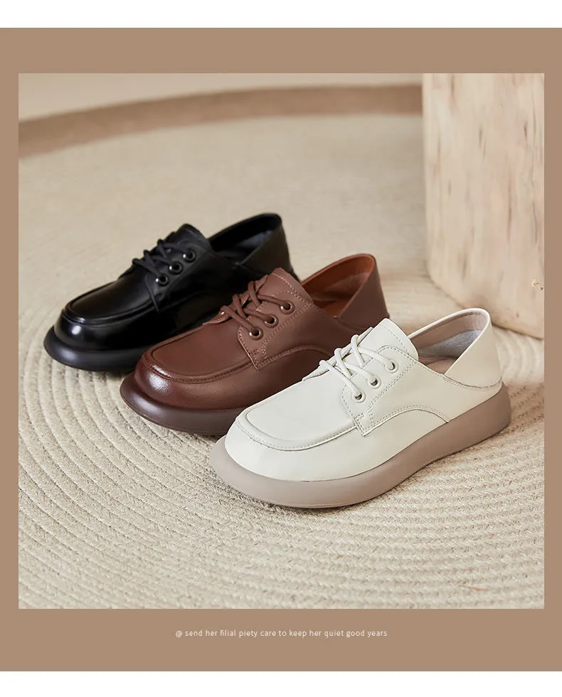 Women Flat Shoes Spring and Autumn Cowhide Lightweight Comfortable Soft Sole Lace-up