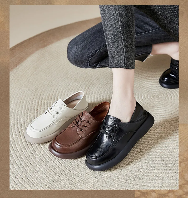Women Flat Shoes Spring and Autumn Cowhide Lightweight Comfortable Soft Sole Lace-up