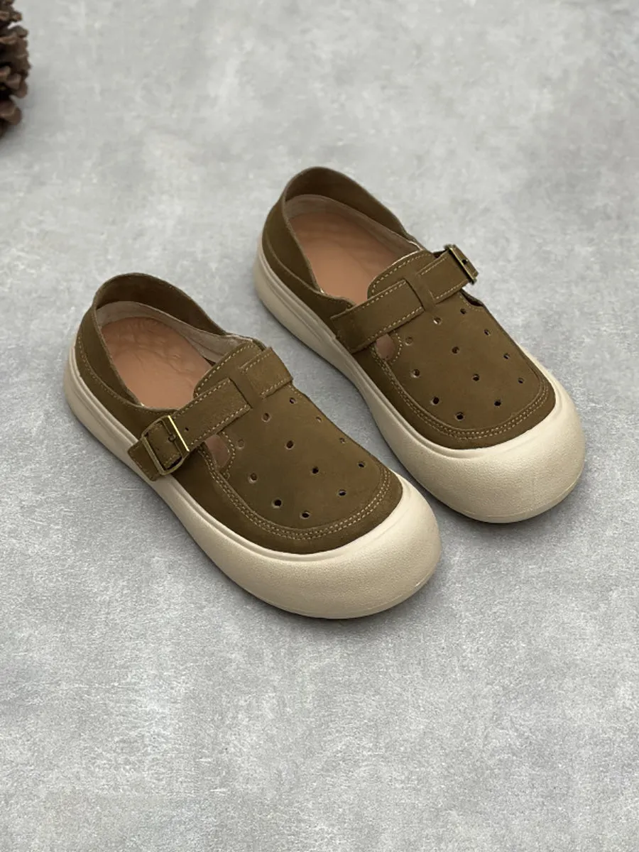 Women Vintage Summer Genuine Leather Hollow Out Flat Shoes