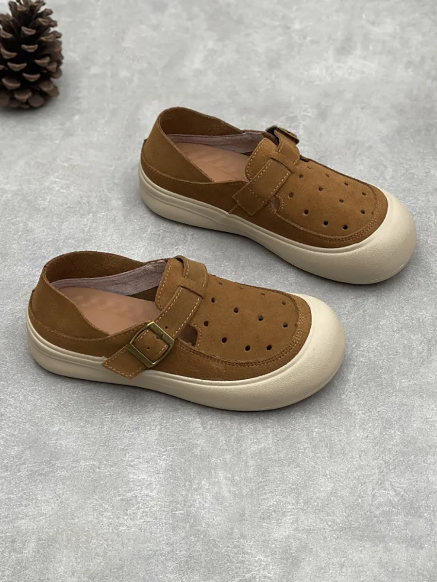 Women Vintage Summer Genuine Leather Hollow Out Flat Shoes