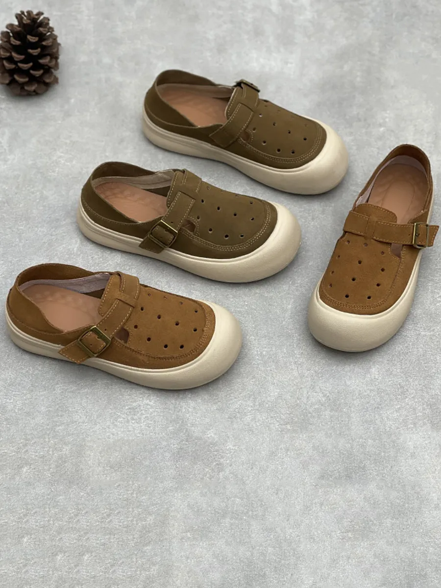 Women Vintage Summer Genuine Leather Hollow Out Flat Shoes