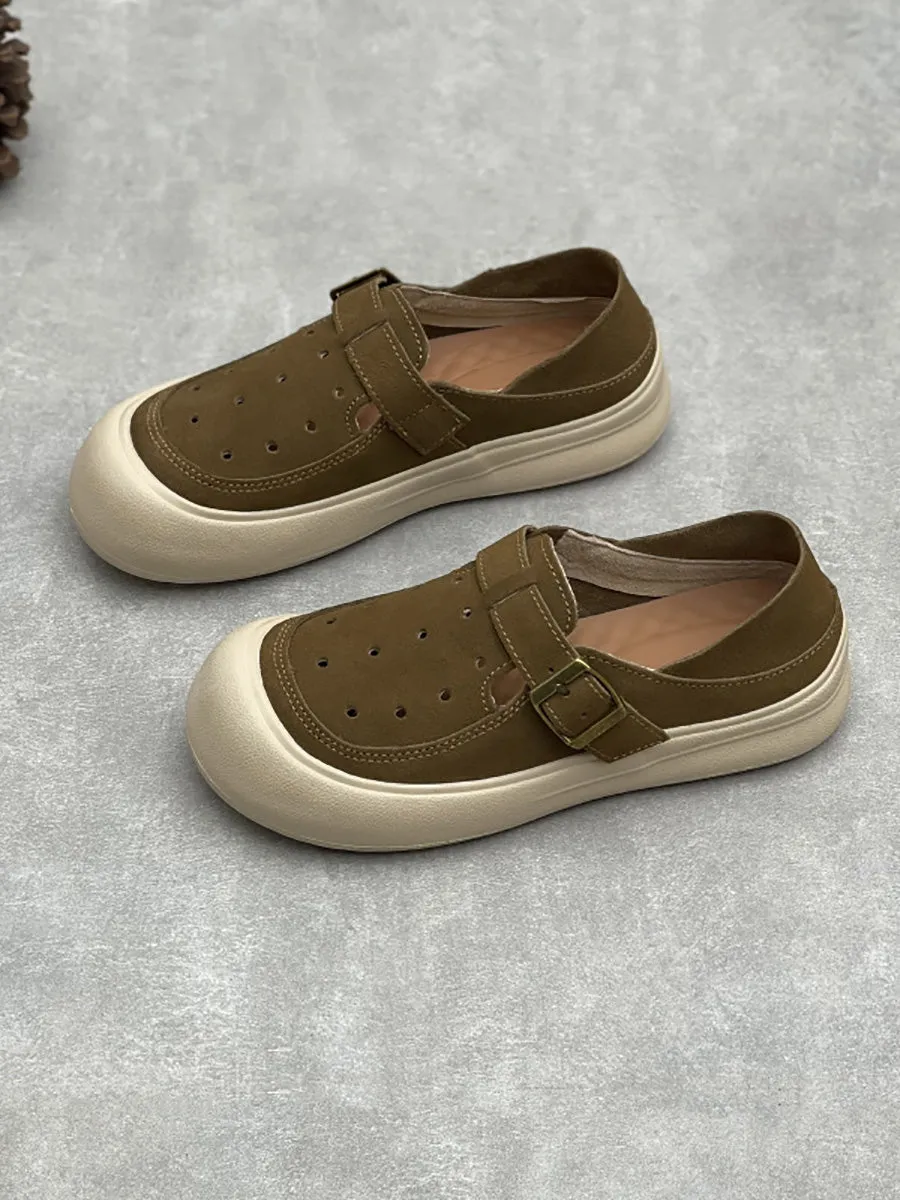 Women Vintage Summer Genuine Leather Hollow Out Flat Shoes