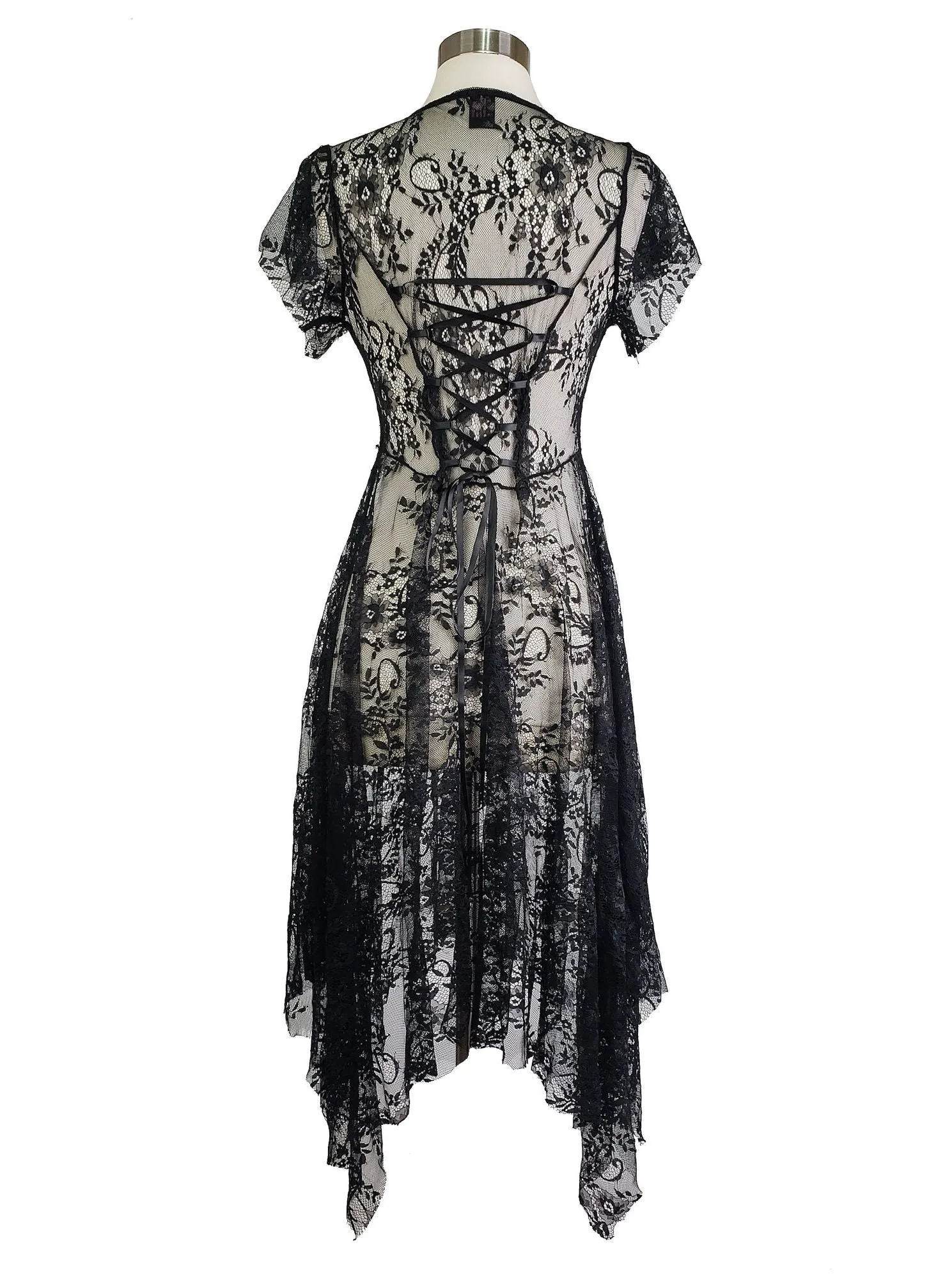Women's Black Lace Gypsy Style Dress Full Skirt Short Sleeved