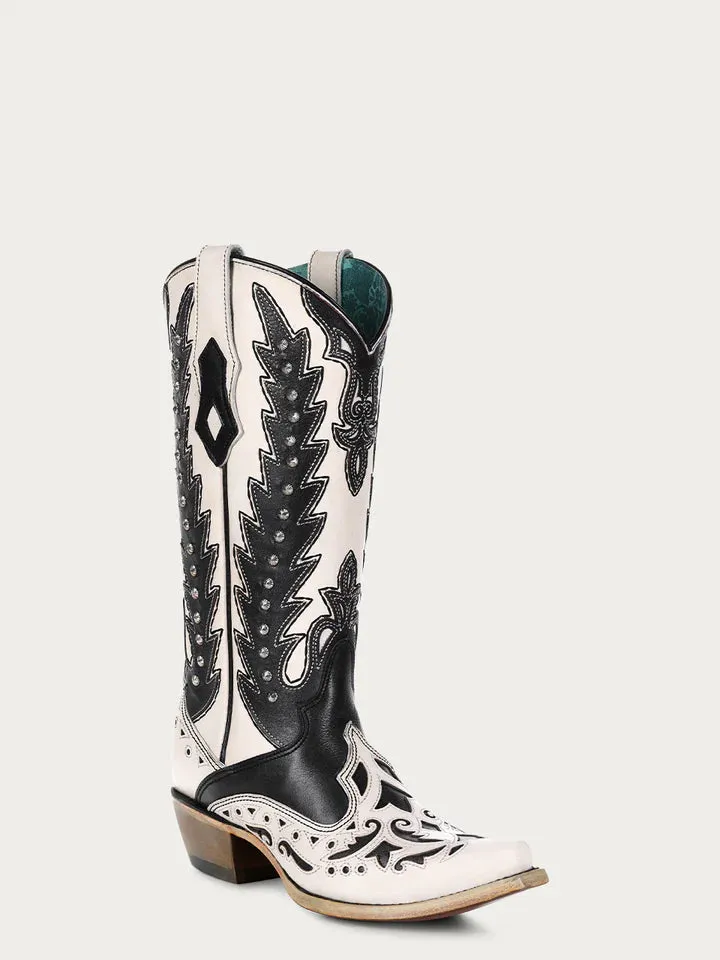 WOMEN'S BLACK OVERLAY EMBROIDERY AND STUDS SNIP TOE WHITE COWBOY BOOT