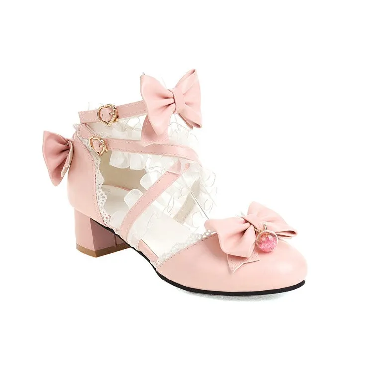 Women's Closed Toe Lolita Butterfly Knot Lace Block Heel Sandals