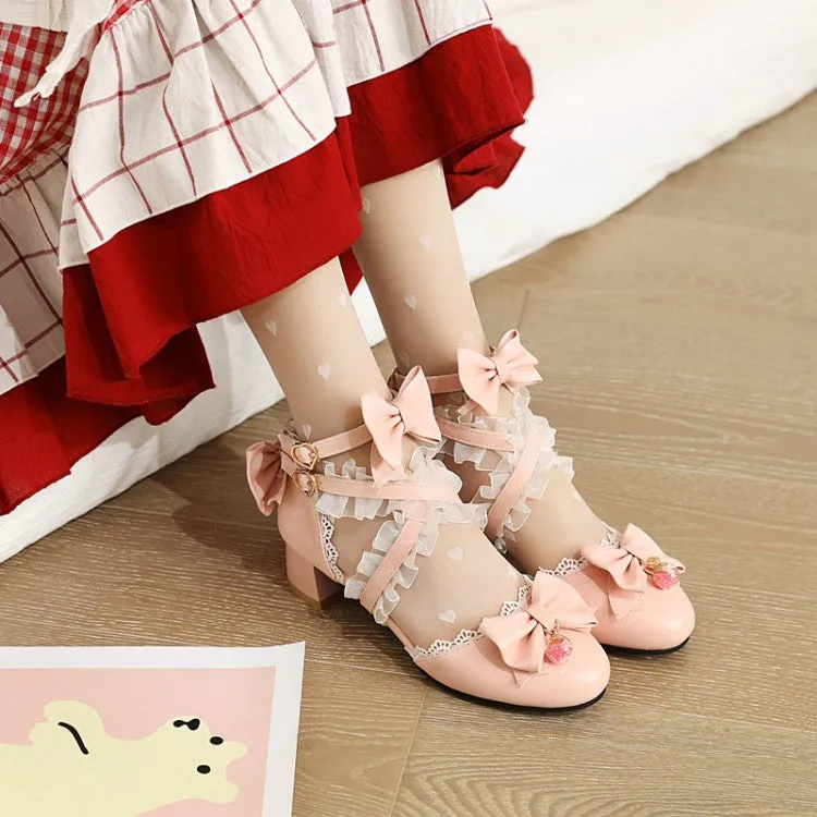 Women's Closed Toe Lolita Butterfly Knot Lace Block Heel Sandals