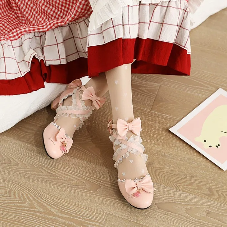 Women's Closed Toe Lolita Butterfly Knot Lace Block Heel Sandals