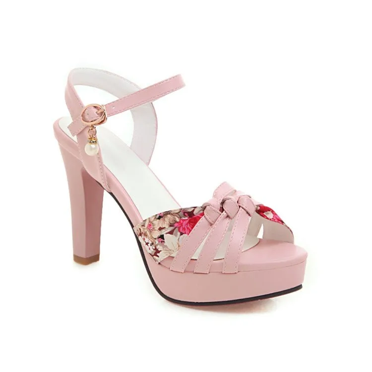 Women's Flora Print Ankle Strap Pearls High Heel Platform Sandals