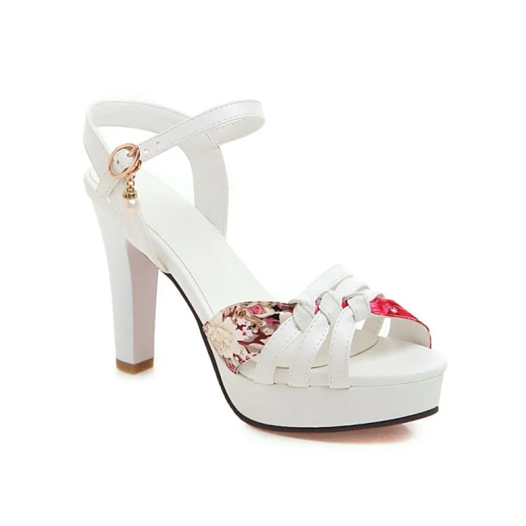 Women's Flora Print Ankle Strap Pearls High Heel Platform Sandals