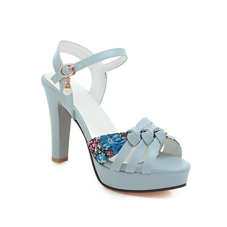 Women's Flora Print Ankle Strap Pearls High Heel Platform Sandals