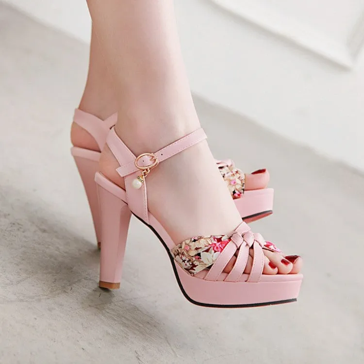 Women's Flora Print Ankle Strap Pearls High Heel Platform Sandals