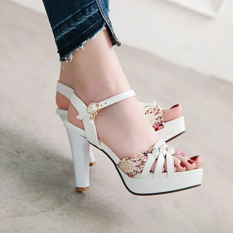 Women's Flora Print Ankle Strap Pearls High Heel Platform Sandals