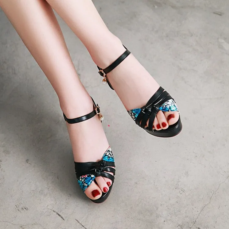 Women's Flora Print Ankle Strap Pearls High Heel Platform Sandals